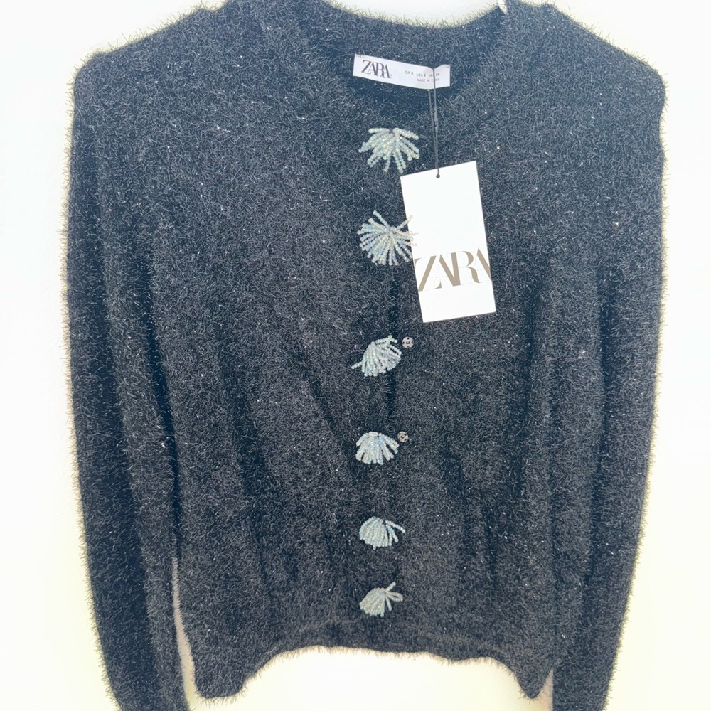 Zara Black Fuzzy Cardigan with Blue Accents